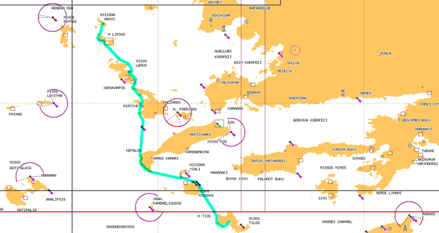 Map of the sea kayaking route in the Dodecanese islands